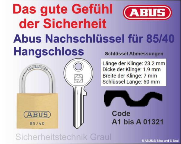Nachschlüssel Abus AB3 für Hangschlösser 85/40